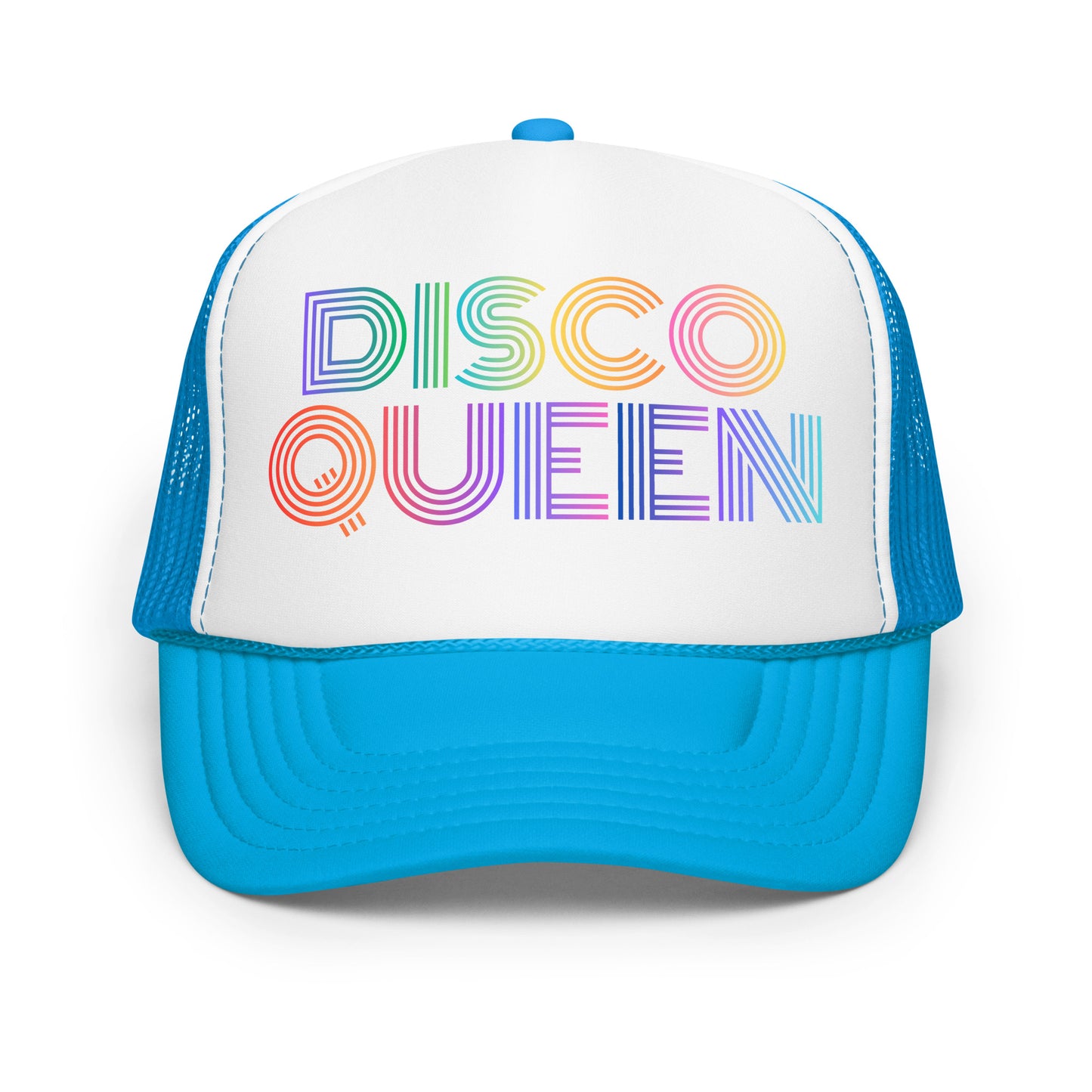 Blue and white unisex trucker hat with 'DISCO QUEEN' in colorful letters – Boozie Adams