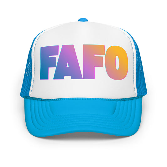 Blue and white unisex trucker hat with 'FAFO' in colorful letters – Boozie Adams