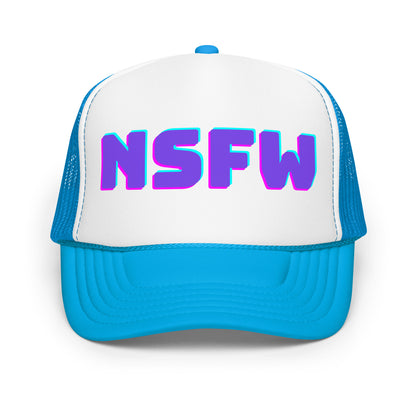 Blue and white unisex trucker hat with 'NSFW' in purple and blue – Boozie Adams 