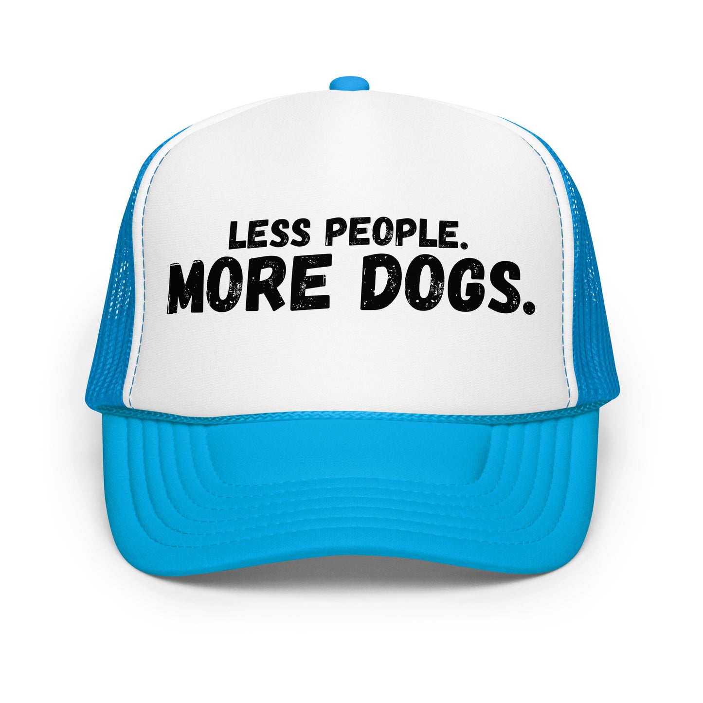A blue and white unisex trucker hat with the text 'LESS PEOPLE. MORE DOGS.' – Boozie Adams