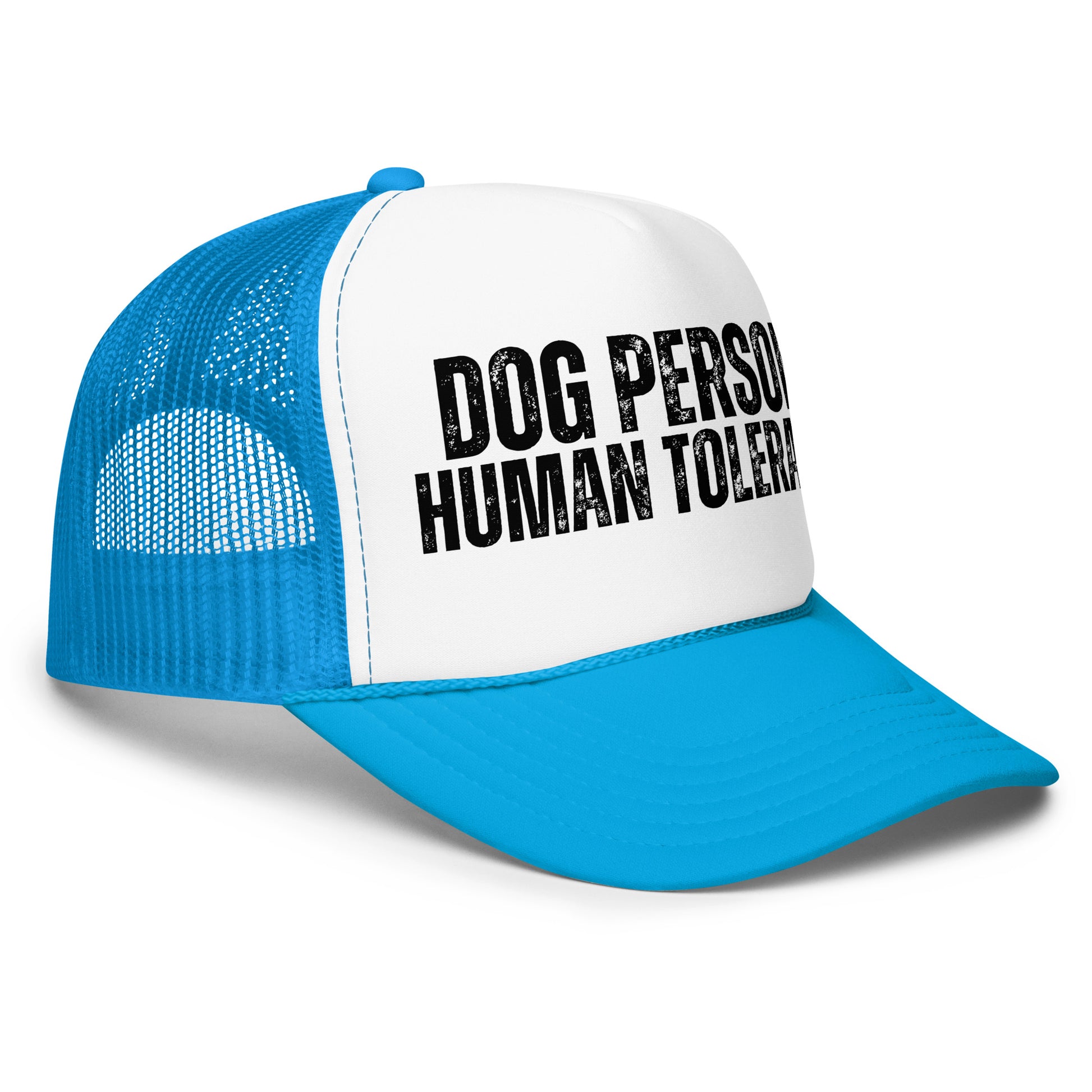 Side view of a blue and white trucker hat with the text 'DOG PERSON. HUMAN TOLERANT.' – Boozie Adams
