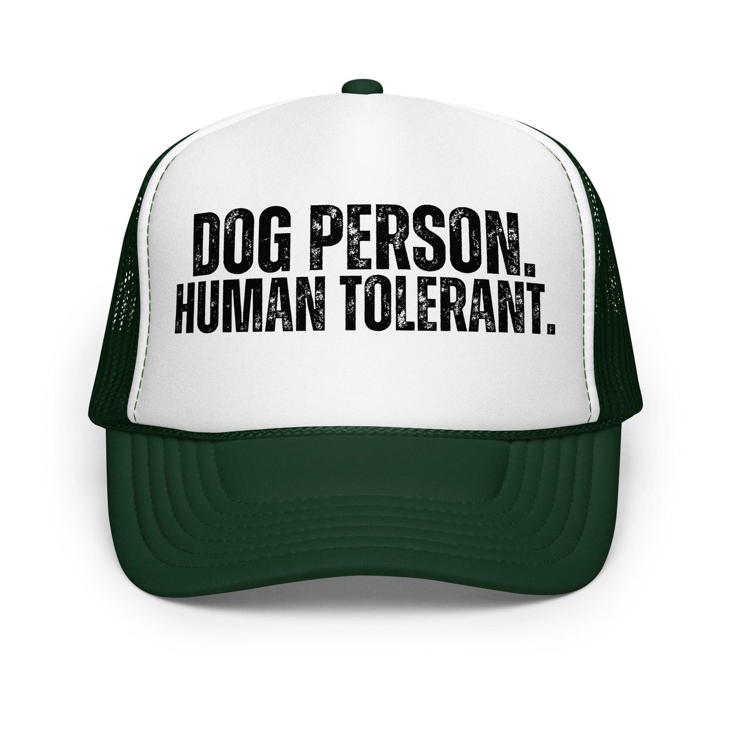 A dark green and white trucker hat with the text 'DOG PERSON. HUMAN TOLERANT.' – Boozie Adams
