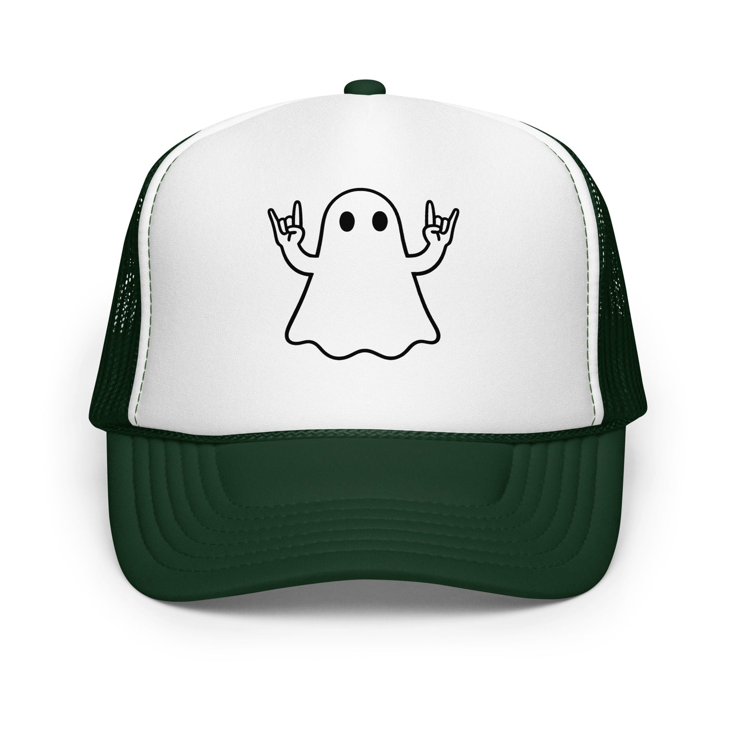 Dark green and white foam trucker hat with black graphic of ghost giving rock hands – Boozie Adams