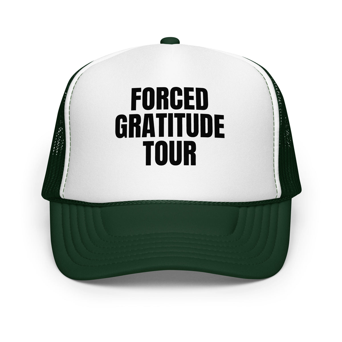 Green and white foam trucker hat with text 'Forced Gratitude Tour' – Boozie Adams