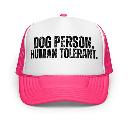 A hot pink and white trucker hat with the text 'DOG PERSON. HUMAN TOLERANT.' – Boozie Adams