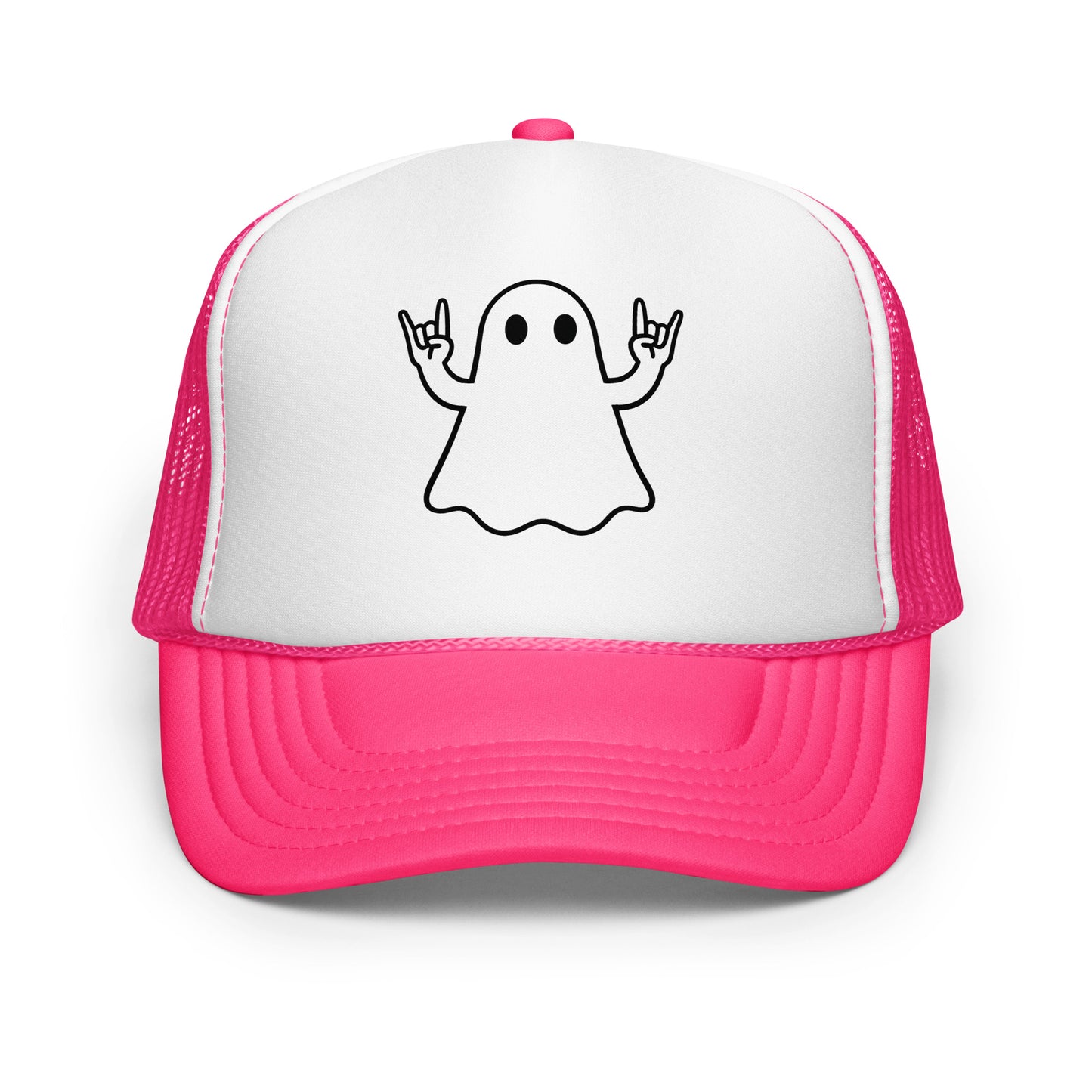 Pink and white foam trucker hat with black graphic of ghost giving rock hands – Boozie Adams