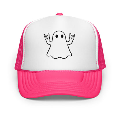 Pink and white foam trucker hat with black graphic of ghost giving rock hands – Boozie Adams