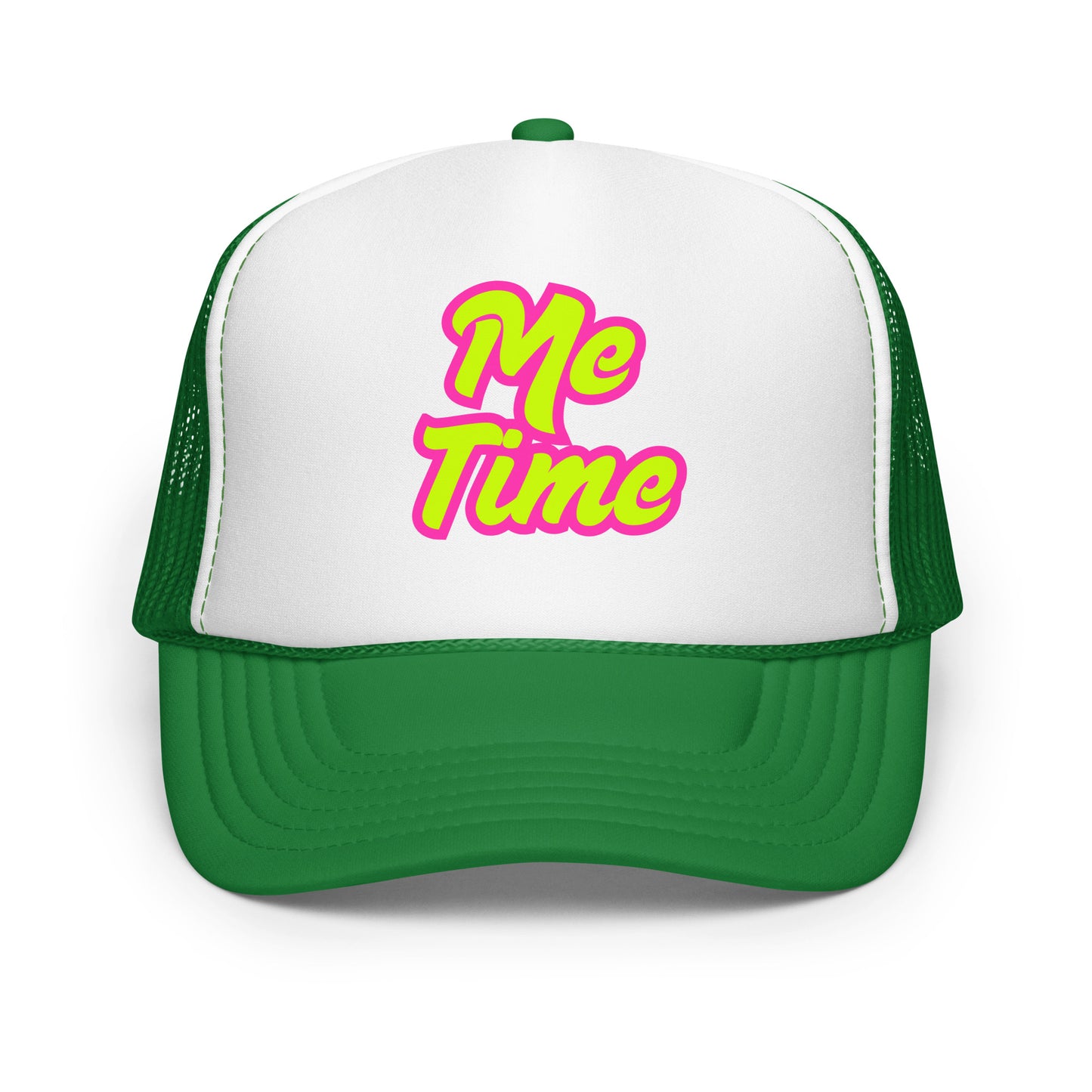 Green and white unisex trucker hat with 'Me Time' text in pink – Boozie Adams