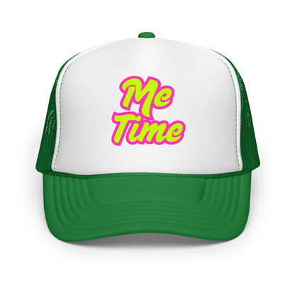 Green and white unisex trucker hat with 'Me Time' text in pink – Boozie Adams