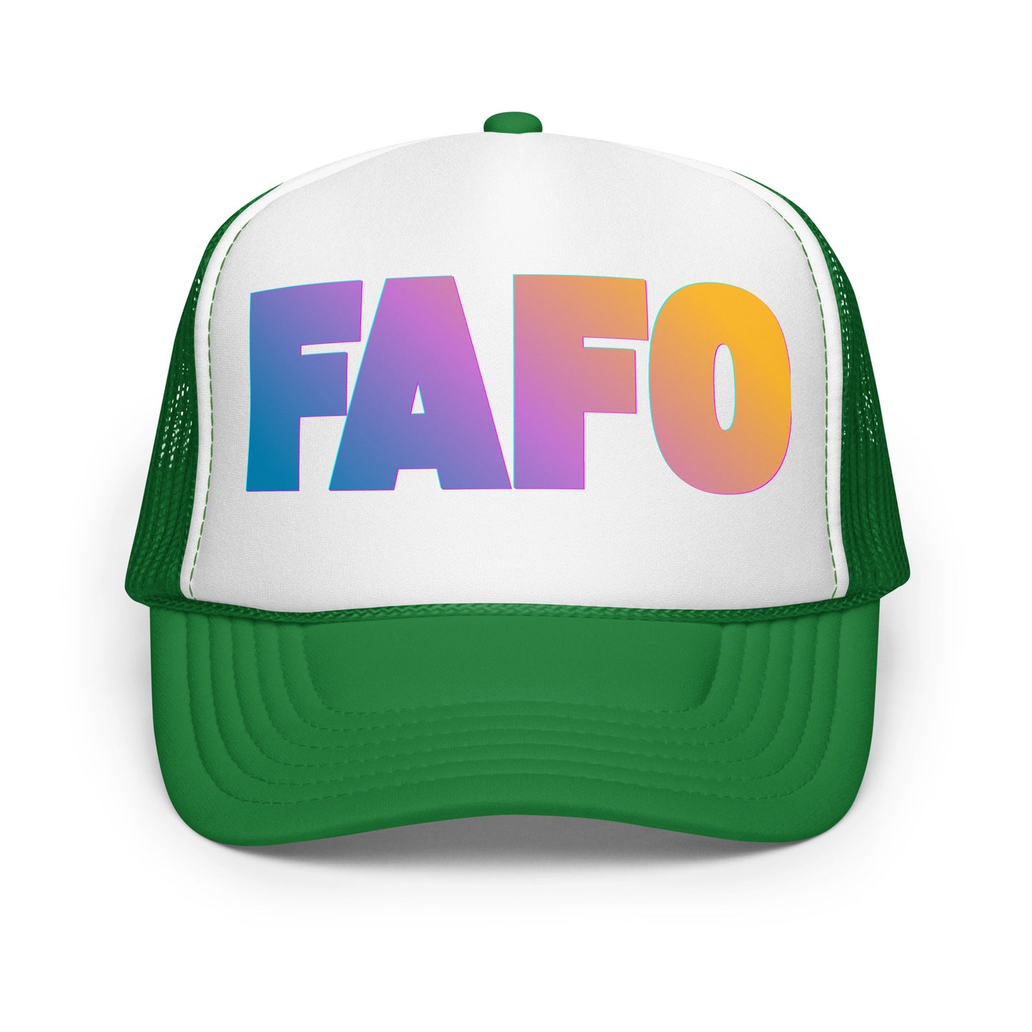 Green and white unisex trucker hat with 'FAFO' in colorful letters – Boozie Adams