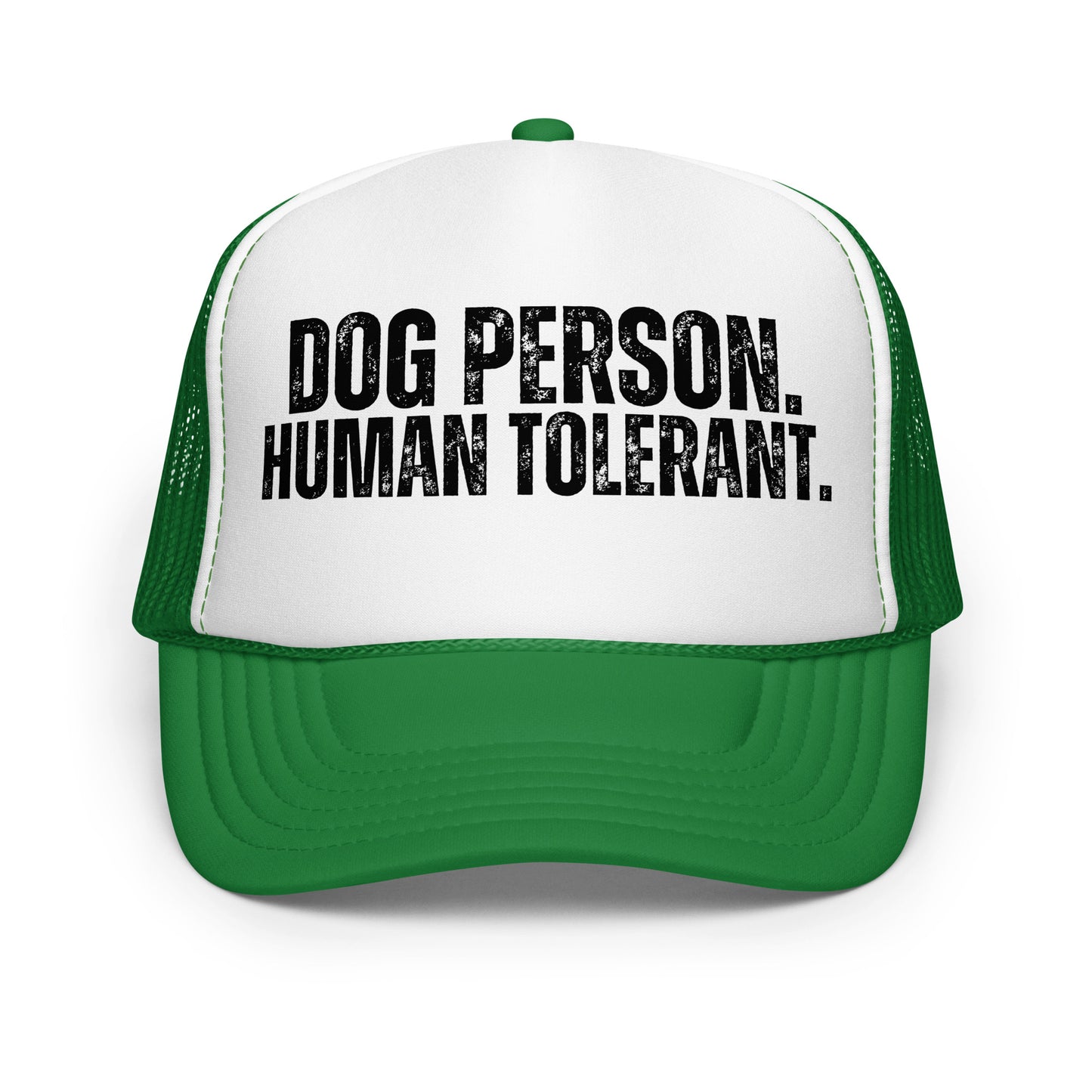 A green and white trucker hat with the text 'DOG PERSON. HUMAN TOLERANT.' – Boozie Adams