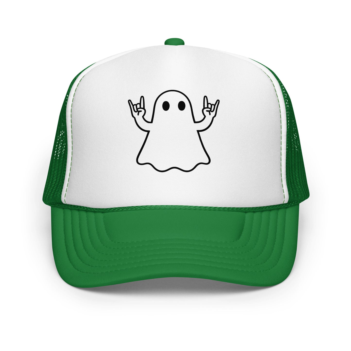Green and white foam trucker hat with black graphic of ghost giving rock hands – Boozie Adams