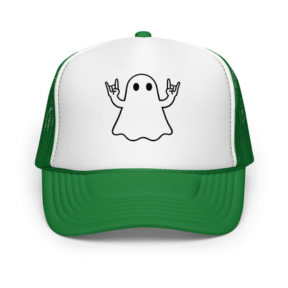 Green and white foam trucker hat with black graphic of ghost giving rock hands – Boozie Adams