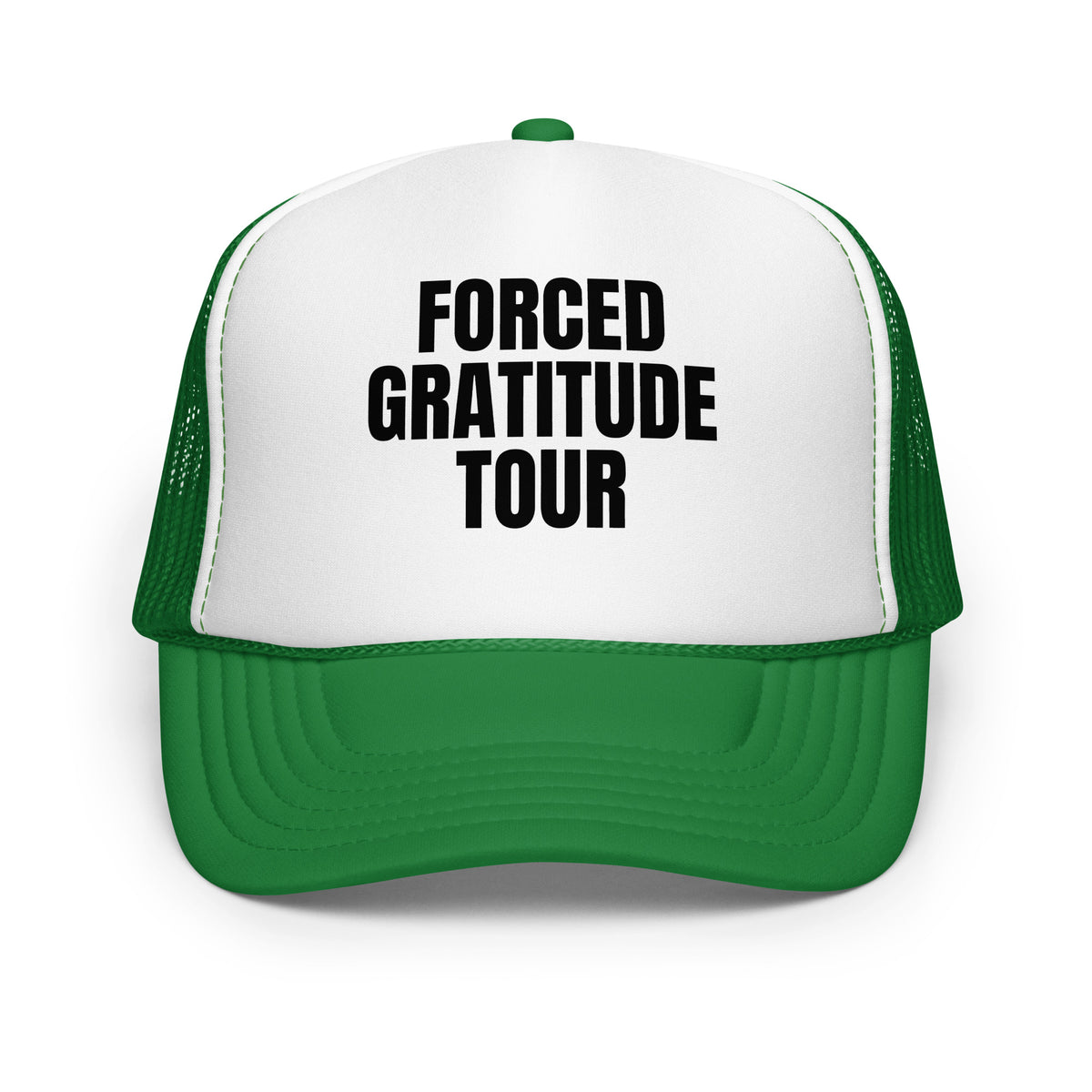Kelly green and white foam trucker hat with text 'Forced Gratitude Tour' – Boozie Adams