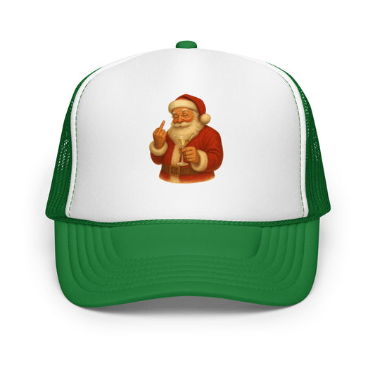 Green and white foam trucker hat with image of santa holding martini and flipping the bird – Boozie Adams