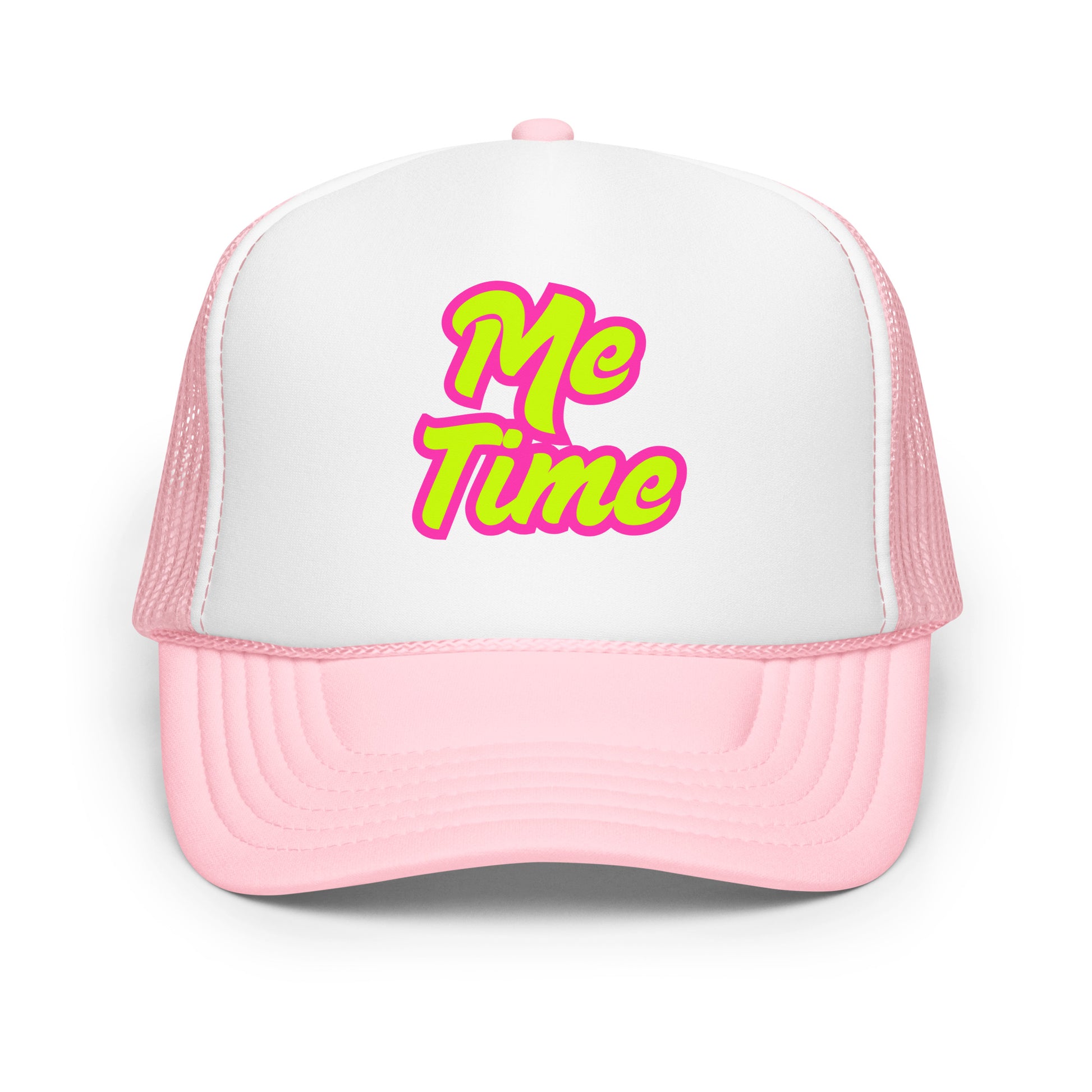 Pink and white unisex trucker hat with 'Me Time' text in pink – Boozie Adams