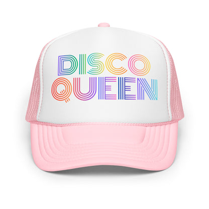 Pink and white unisex trucker hat with 'DISCO QUEEN' in colorful letters – Boozie Adams