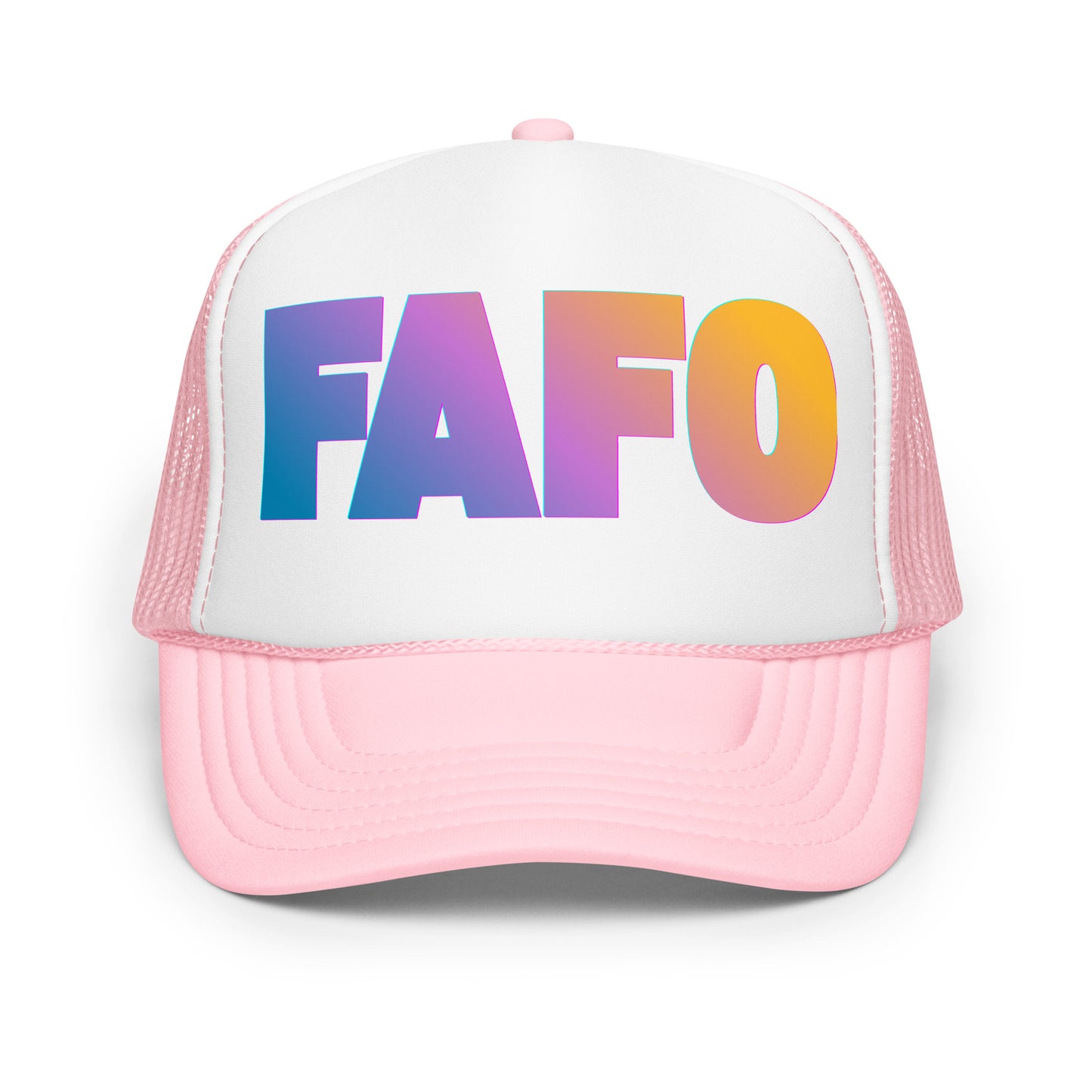 Pink and white unisex trucker hat with 'FAFO' in colorful letters – Boozie Adams