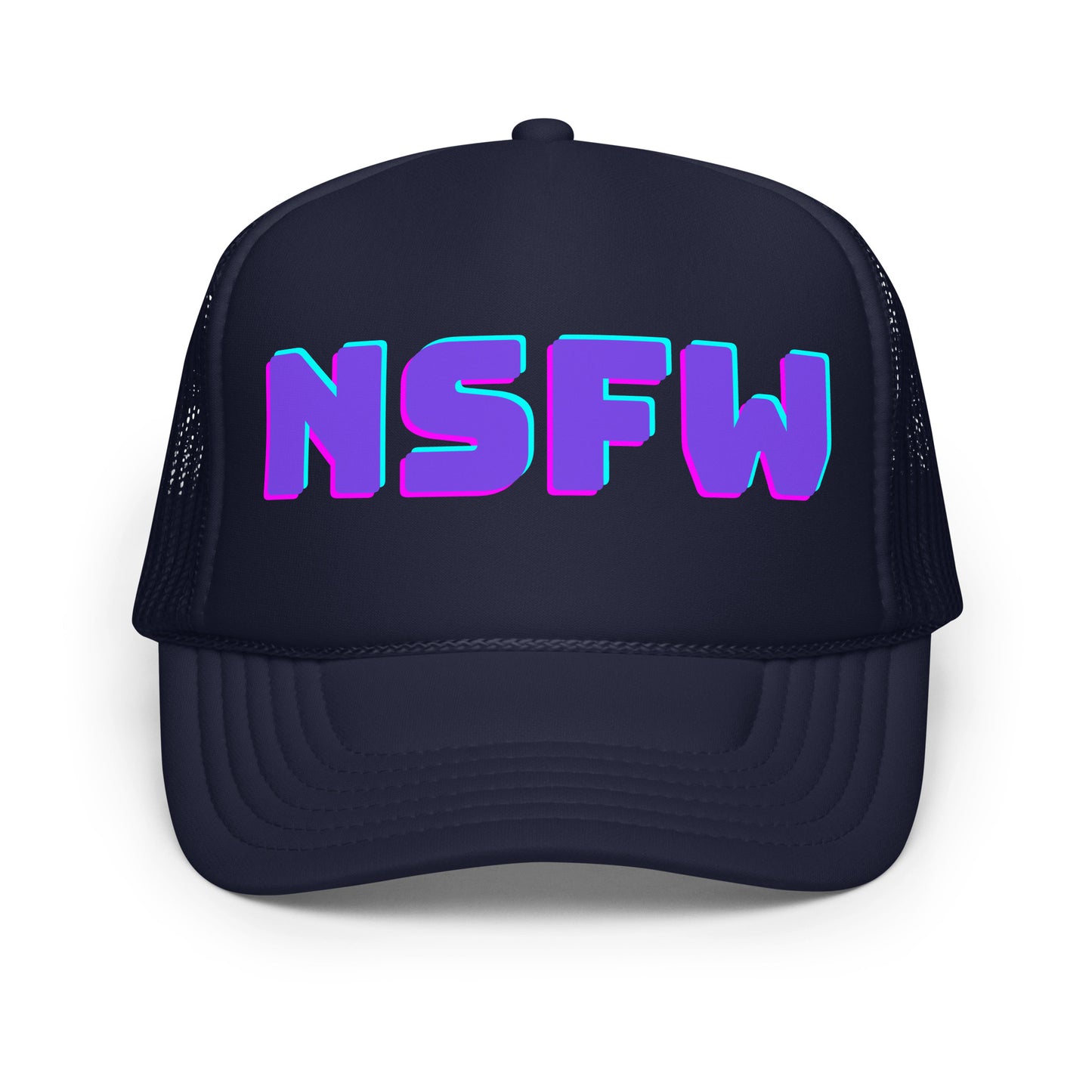 Navy unisex trucker hat with 'NSFW' in purple and blue – Boozie Adams 
