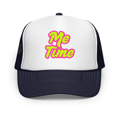 Navy and white unisex trucker hat with 'Me Time' text in pink – Boozie Adams