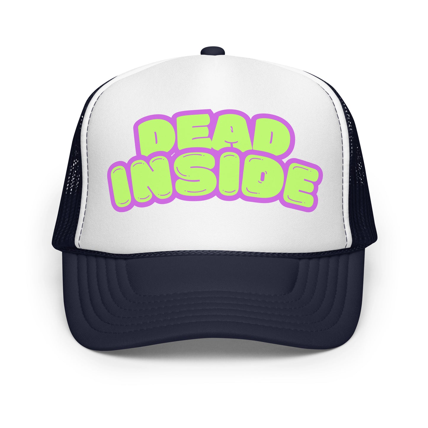 Navy and white foam trucker hat with purple and green text 'Dead Inside' – Boozie Adams