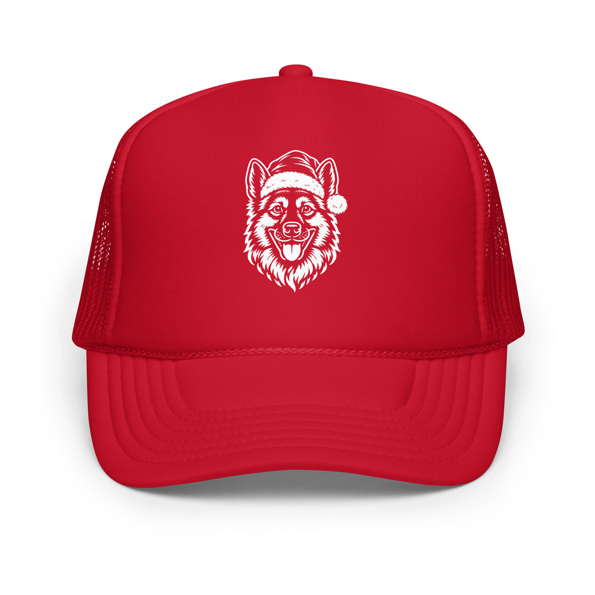 Red unisex foam trucker hat with graphic of dog in santa hat – Boozie Adams