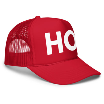 Side view of red unisex foam trucker hat with Ho³ text – Boozie Adams
