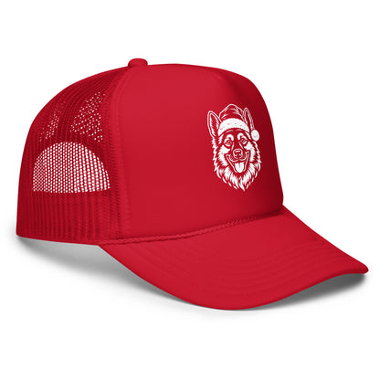 Side view of red unisex foam trucker hat with graphic of dog in santa hat – Boozie Adams