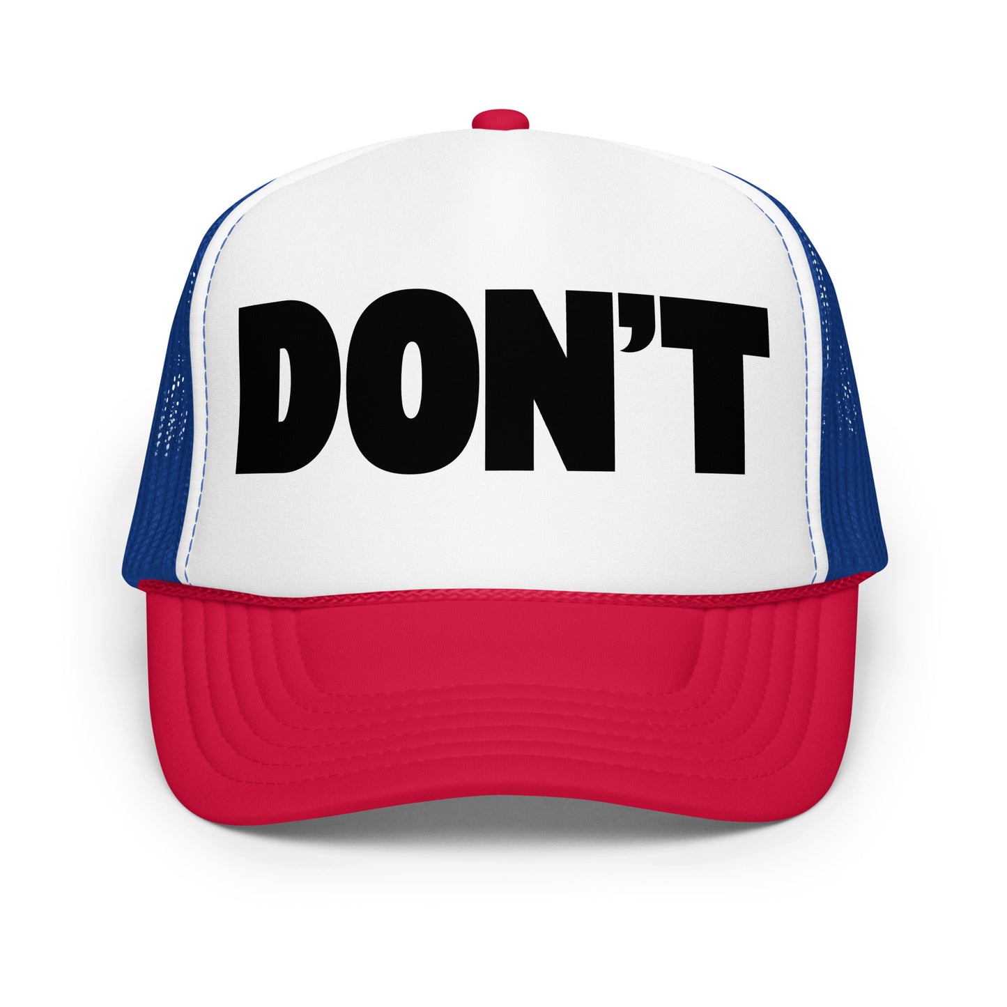 Royal, red and white unisex trucker hat with 'DON'T' text – Boozie Adams