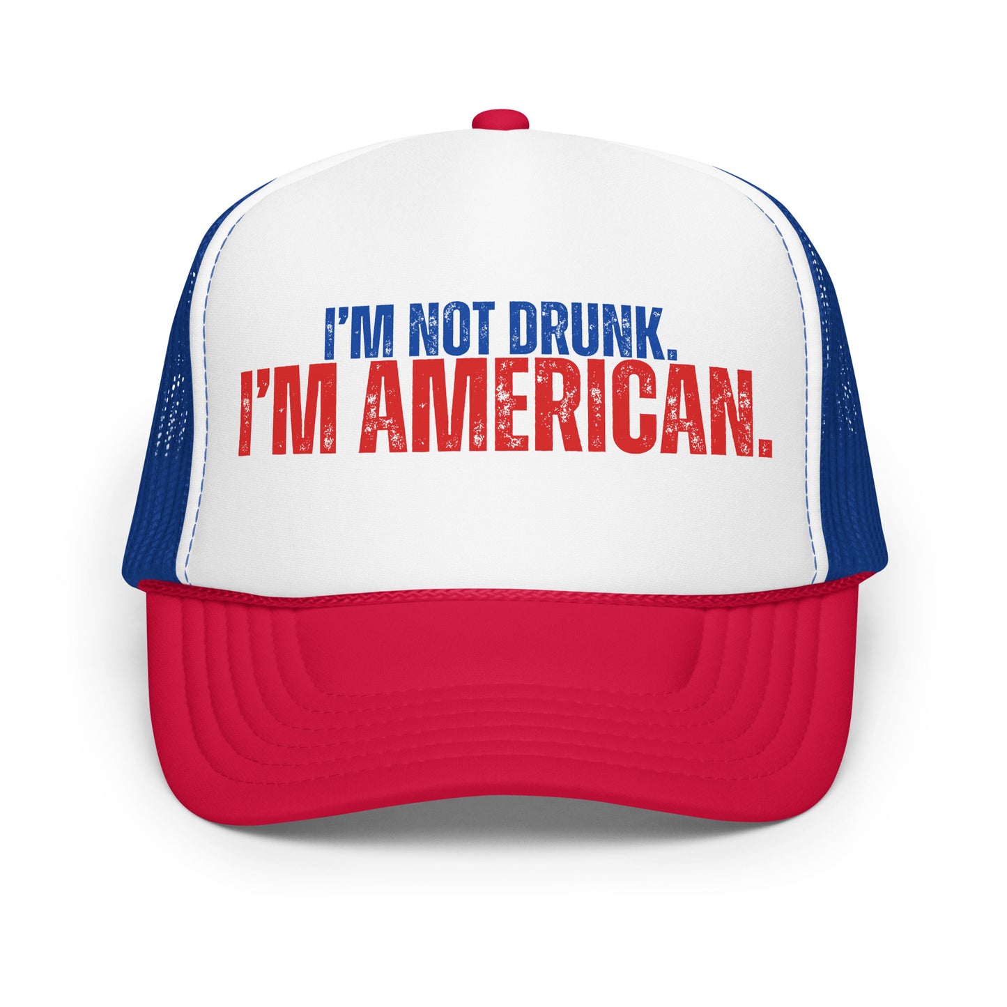 Red, white and blue unisex trucker hat with 'I'm not drunk, I'm American' text – Boozie Adams