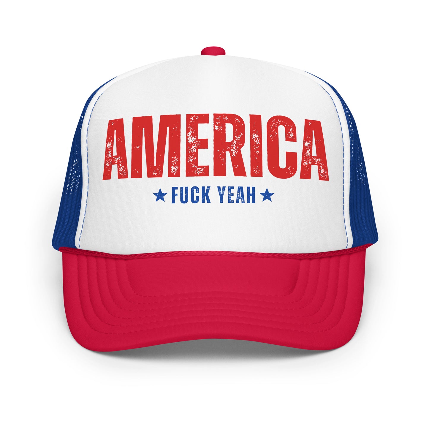 Red, white and blue trucker hat with 'AMERICA Fuck YEAH' text – Boozie Adams