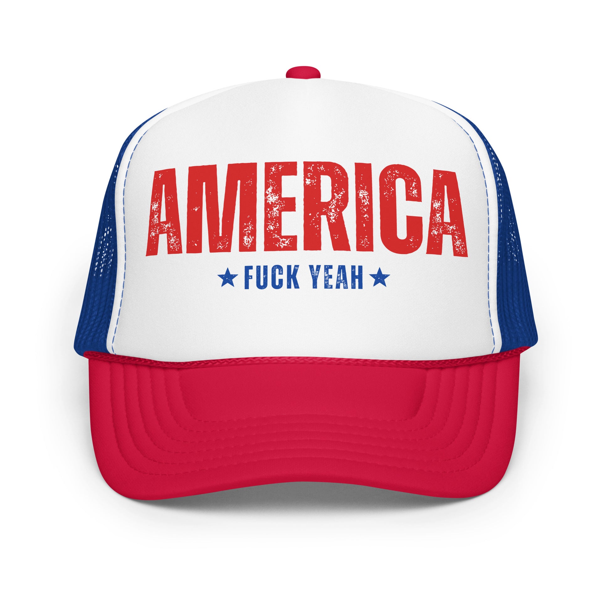Red, white and blue trucker hat with 'AMERICA Fuck YEAH' text – Boozie Adams
