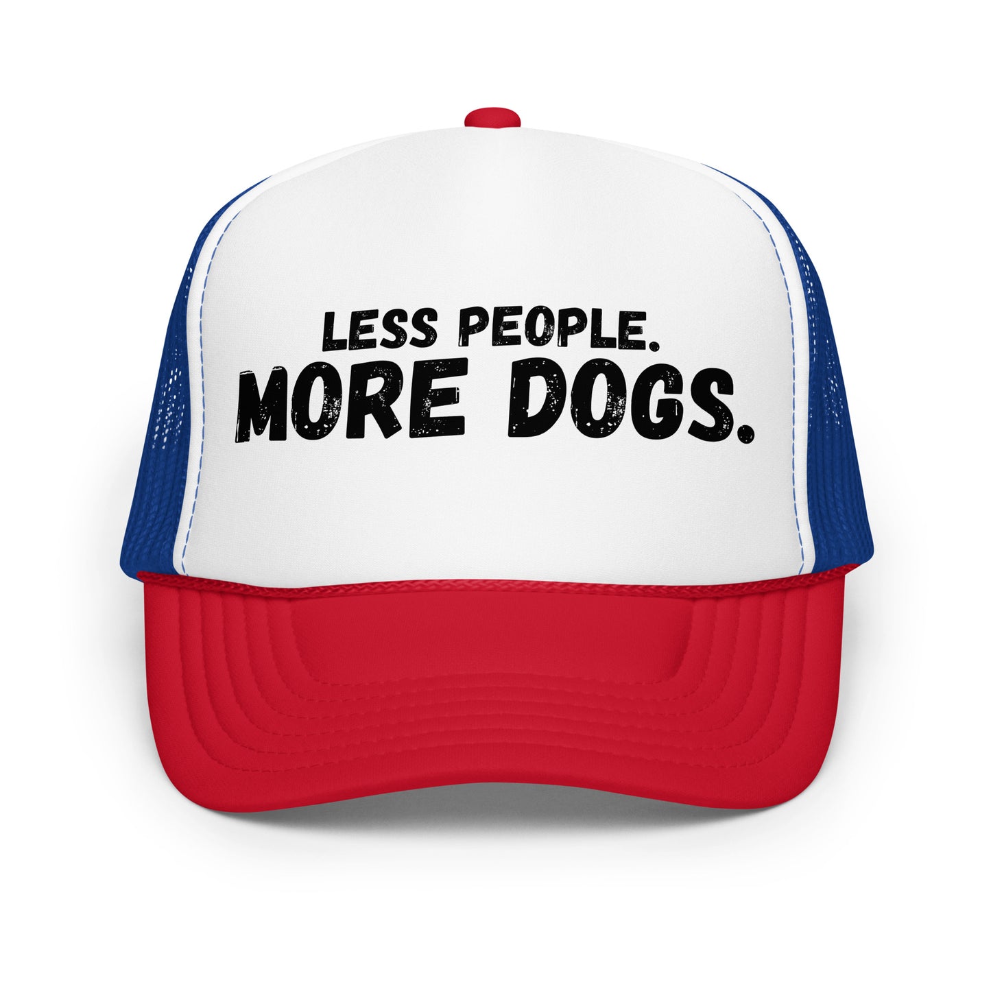 A red, blue and white unisex trucker hat with the text 'LESS PEOPLE. MORE DOGS.' – Boozie Adams