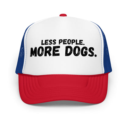A red, blue and white unisex trucker hat with the text 'LESS PEOPLE. MORE DOGS.' – Boozie Adams