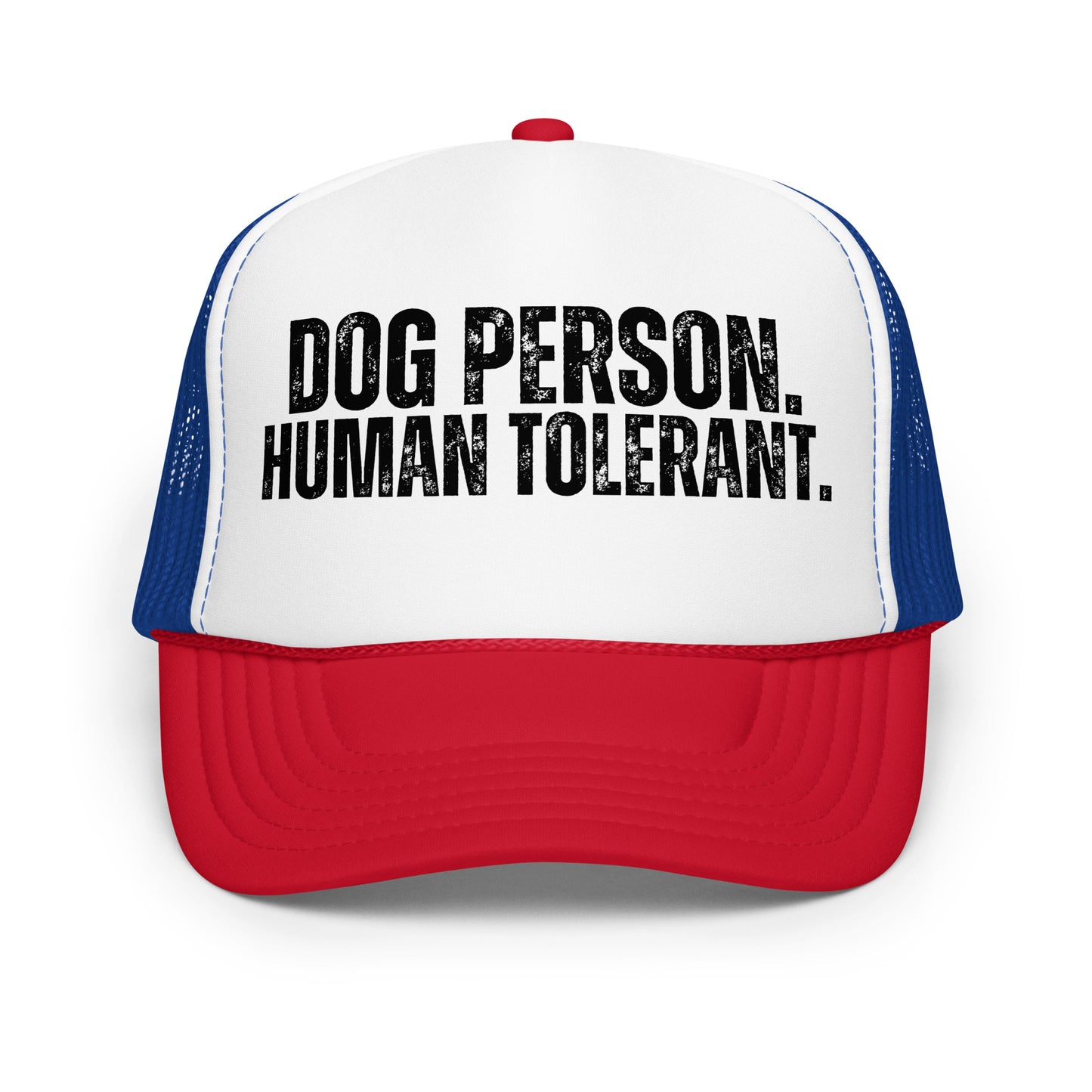 A blue, red and white trucker hat with the text 'DOG PERSON. HUMAN TOLERANT.' – Boozie Adams