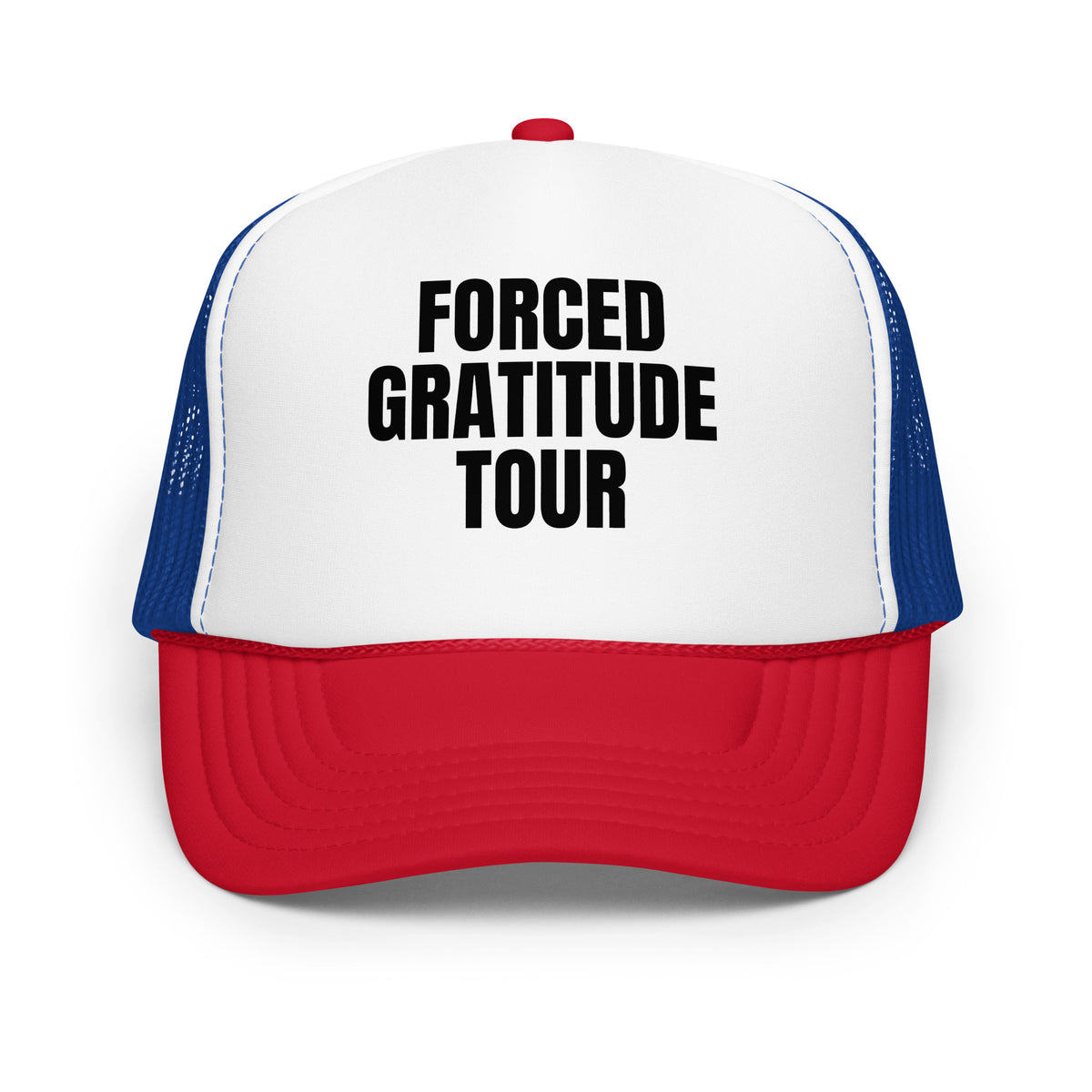Red, blue and white foam trucker hat with text 'Forced Gratitude Tour' – Boozie Adams