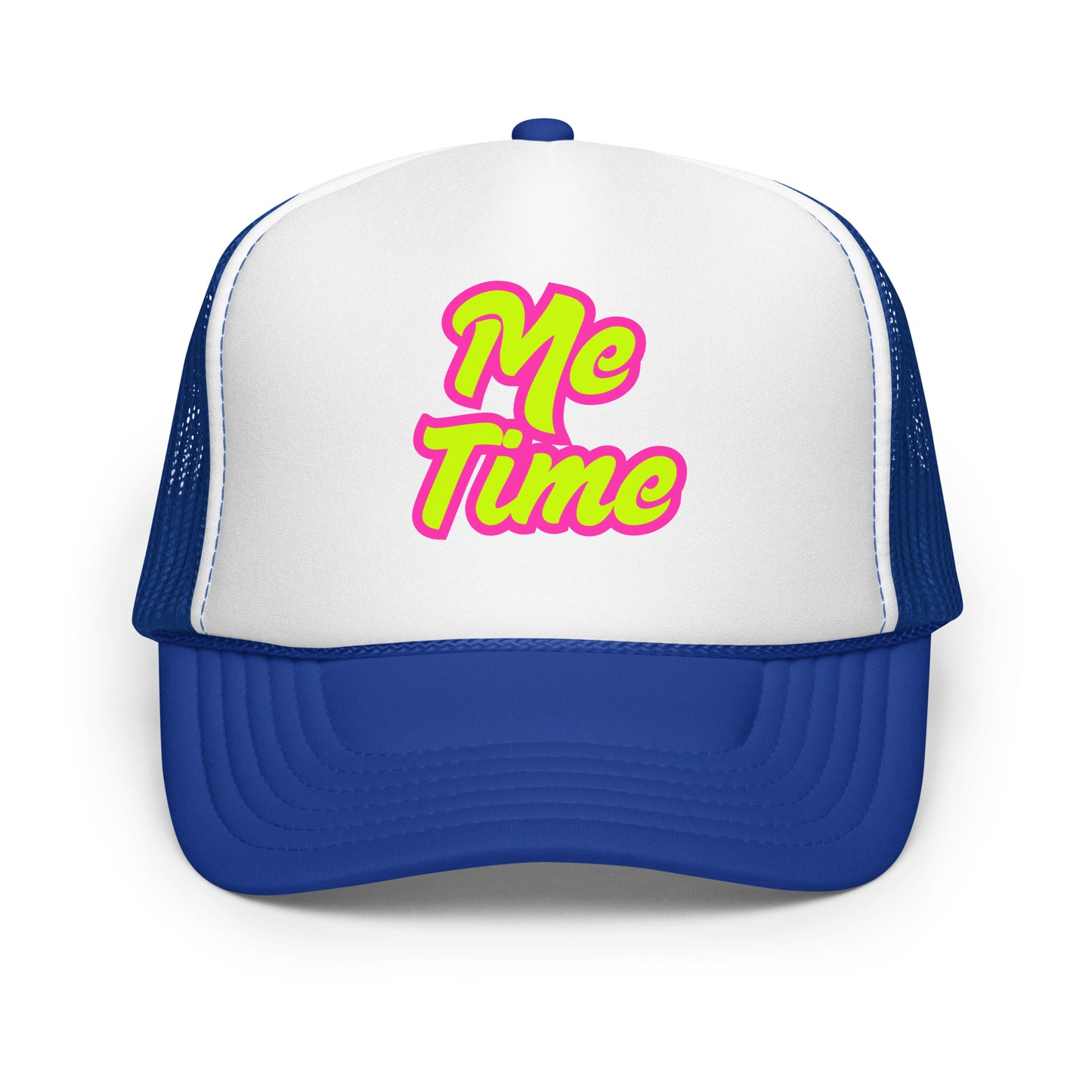 Royal and white unisex trucker hat with 'Me Time' text in pink – Boozie Adams