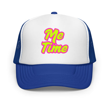 Royal and white unisex trucker hat with 'Me Time' text in pink – Boozie Adams