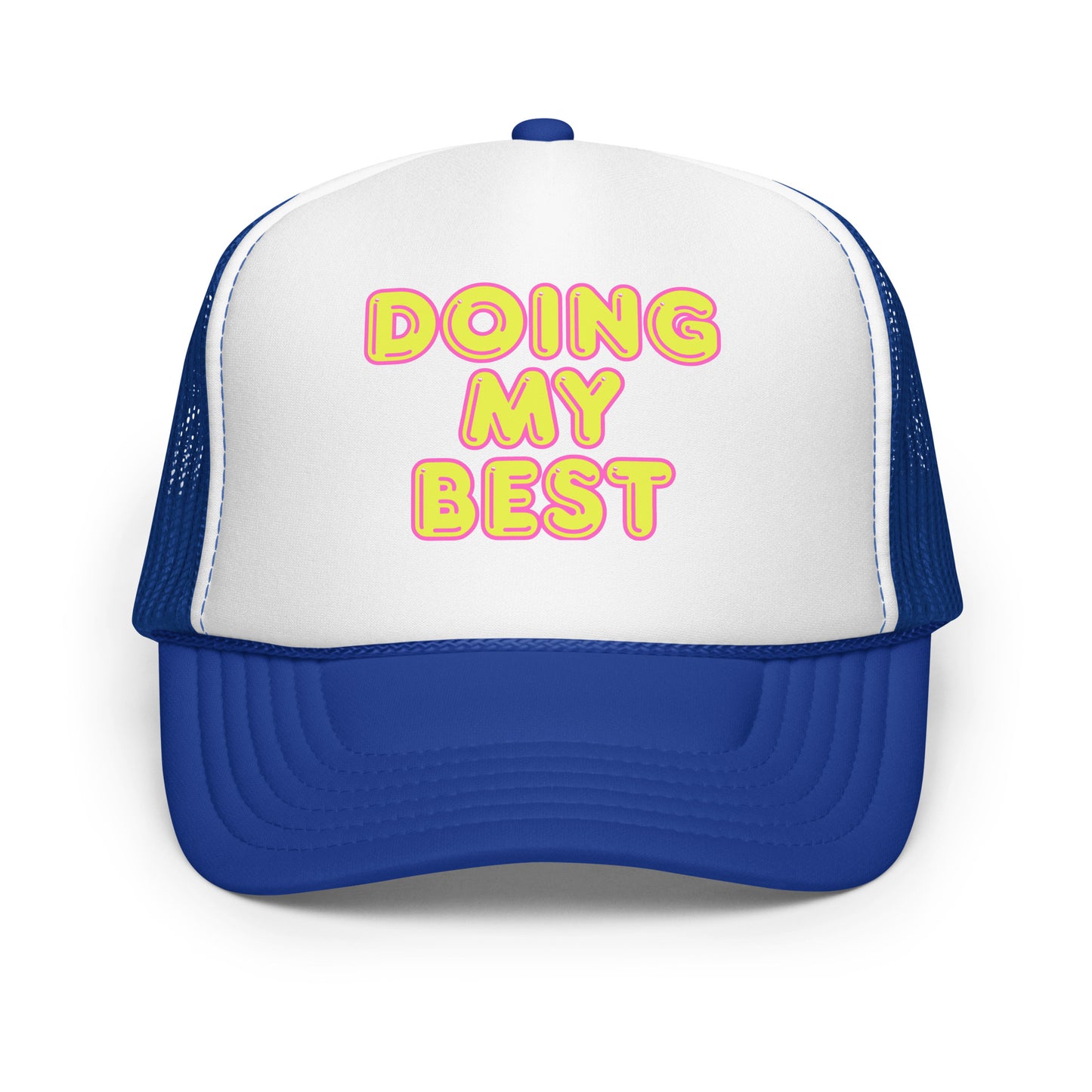 Blue and white unisex trucker hat with 'DOING MY BEST' text – Boozie Adams