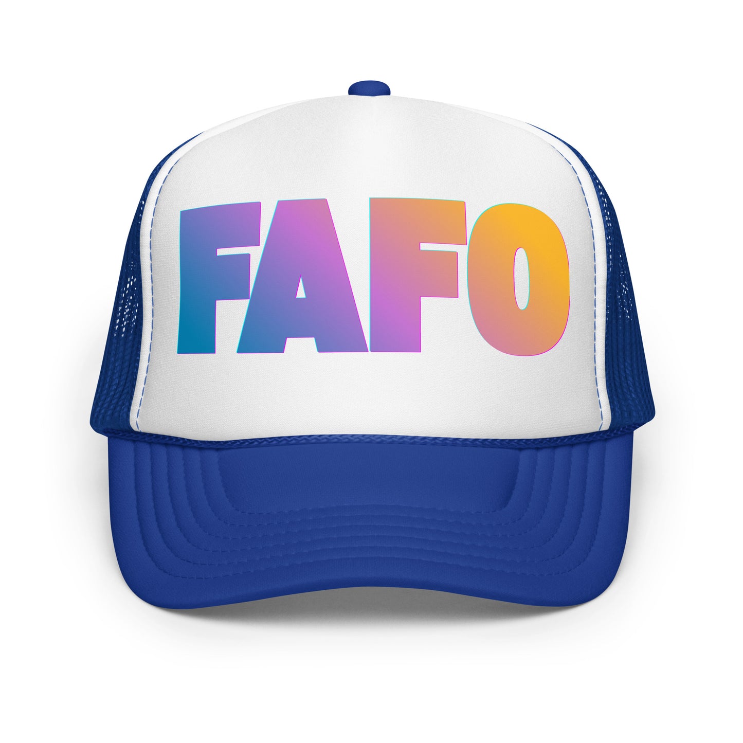 Royal and white unisex trucker hat with 'FAFO' in colorful letters – Boozie Adams