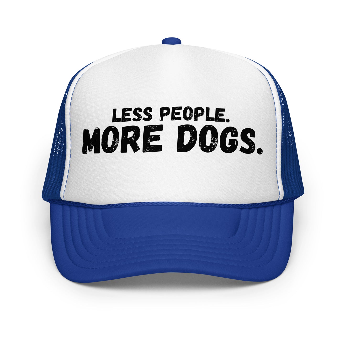 A royal blue and white unisex trucker hat with the text 'LESS PEOPLE. MORE DOGS.' – Boozie Adams