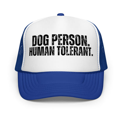 A royal blue and white trucker hat with the text 'DOG PERSON. HUMAN TOLERANT.' – Boozie Adams