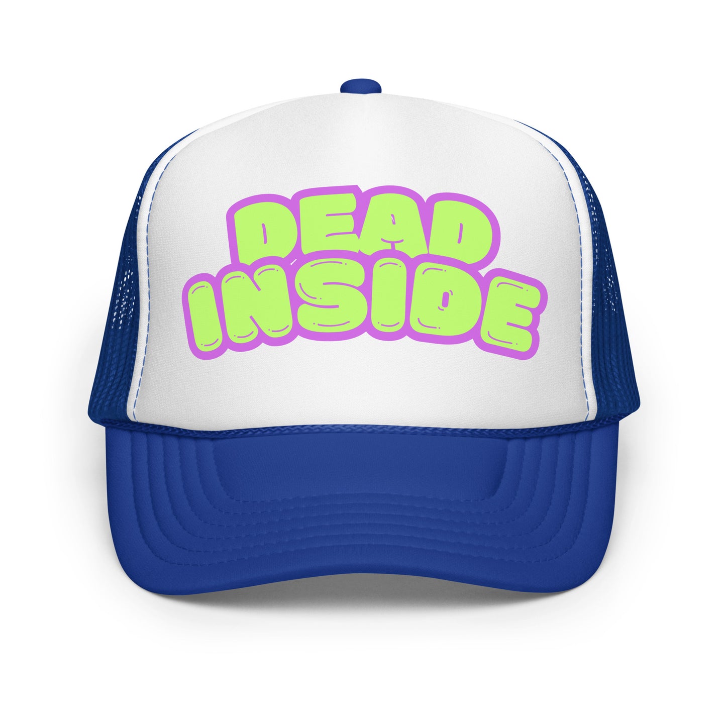 Blue and white foam trucker hat with purple and green text 'Dead Inside' – Boozie Adams