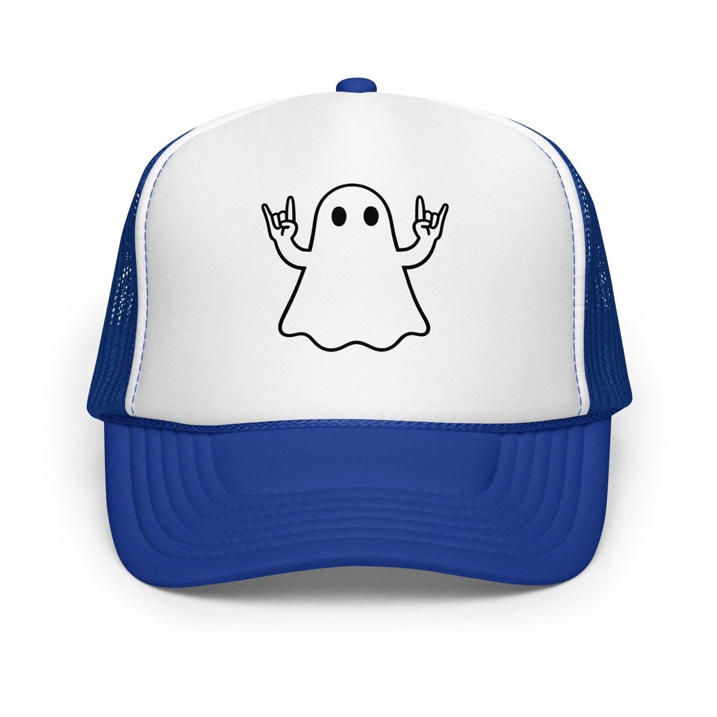 Blue and white foam trucker hat with black graphic of ghost giving rock hands – Boozie Adamst mockup
