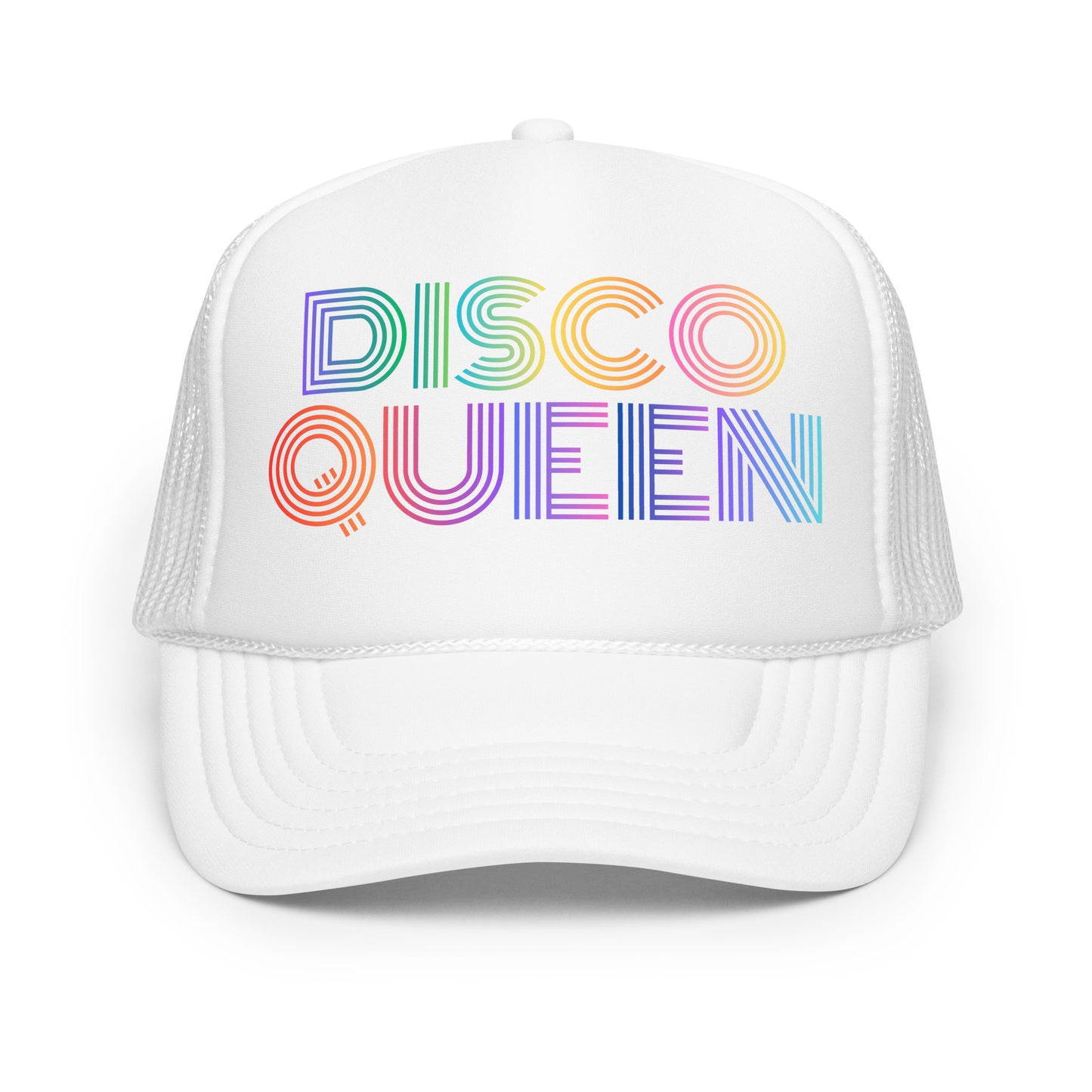 White unisex trucker hat with 'DISCO QUEEN' in colorful letters – Boozie Adams