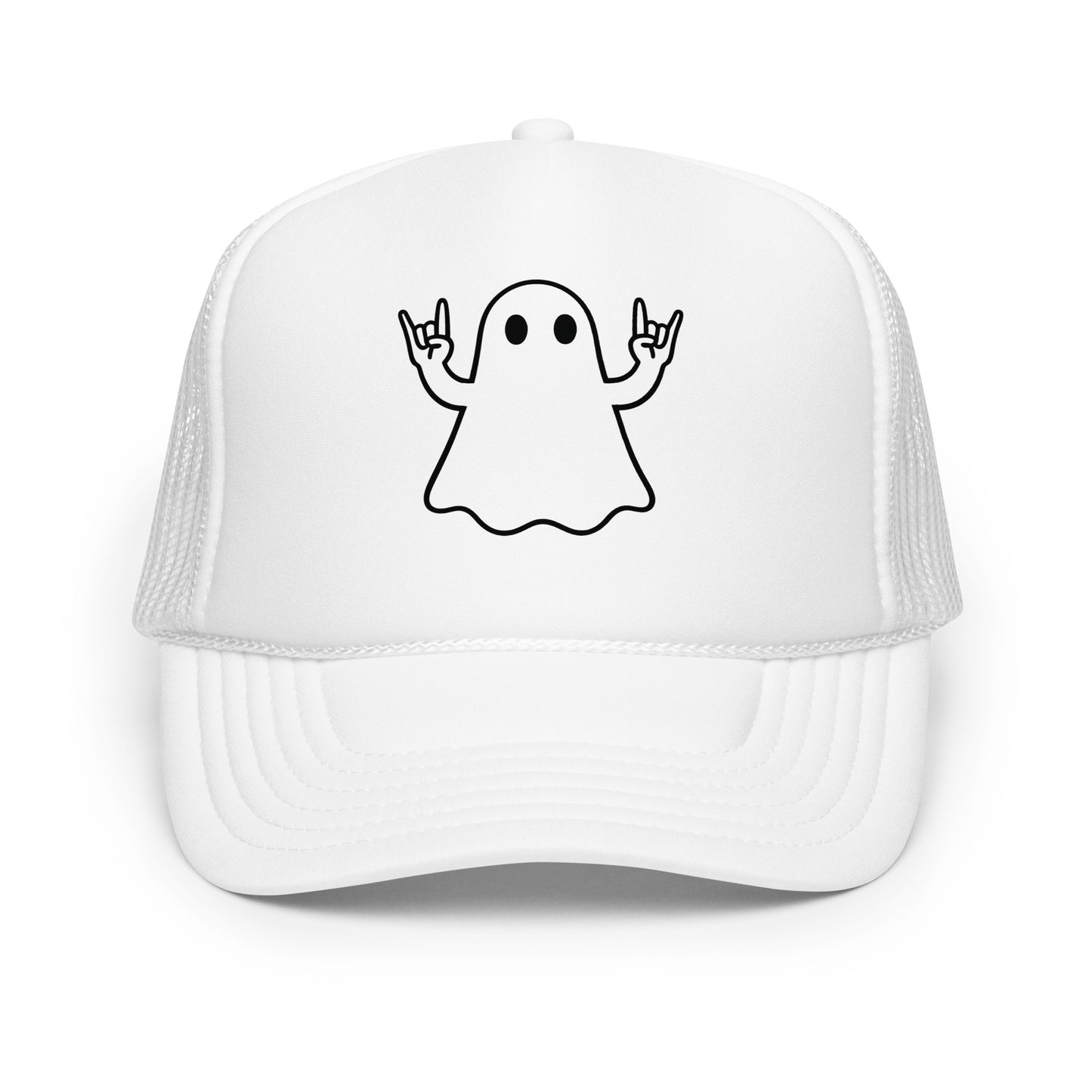 White foam trucker hat with black graphic of ghost giving rock hands – Boozie Adams