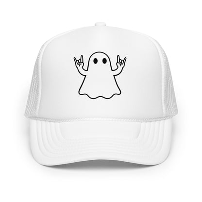 White foam trucker hat with black graphic of ghost giving rock hands – Boozie Adams