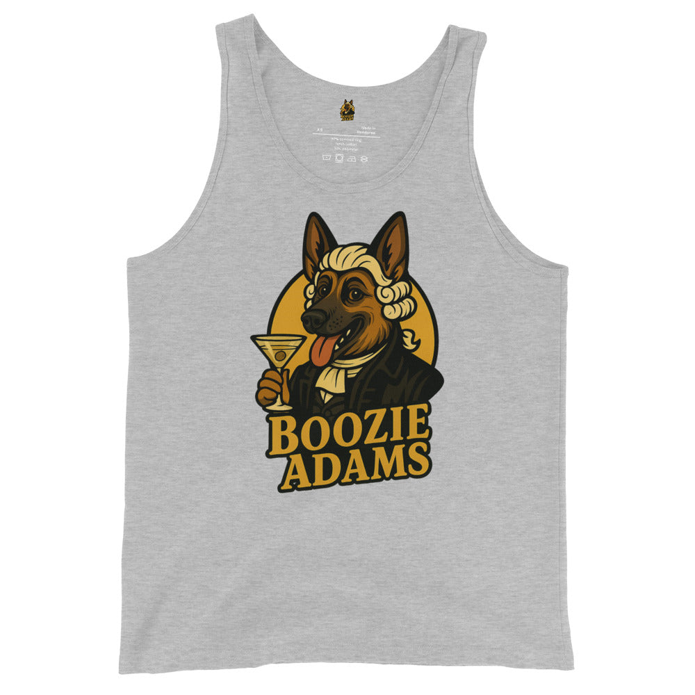 Heather grey unisex tank top with a graphic of a dog holding a martini glass and the text 'Boozie Adams' – Boozie Adams