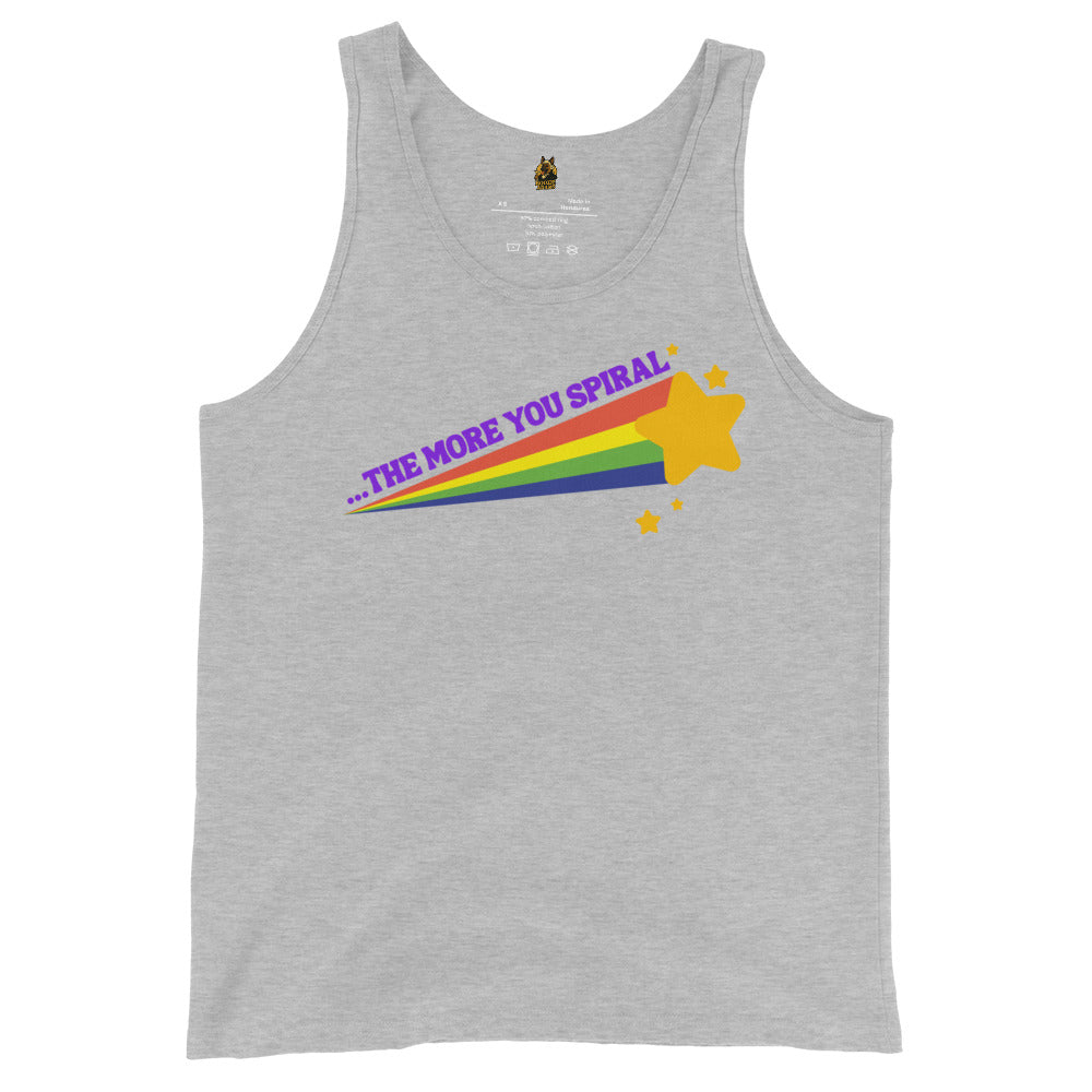 Gray unisex tank top with rainbow graphic and 'The More You Spiral' Text - Boozie Adams