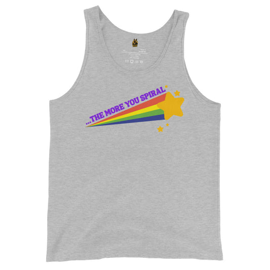 Gray unisex tank top with rainbow graphic and 'The More You Spiral' Text - Boozie Adams